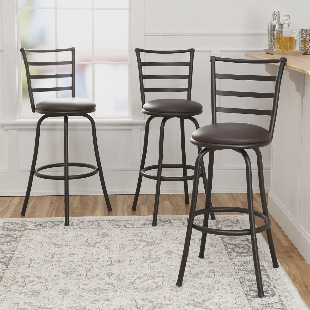 

#Adjustable 24" or 29" Swivel Barstool, Bronze Finish and PU Leather, Set of 3 Bar Stools Bar Chairs