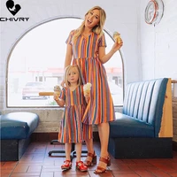 new 2022 mother daughter summer dresses short sleeve v neck rainbow striped beach dress mom mommy and me family matching outfits