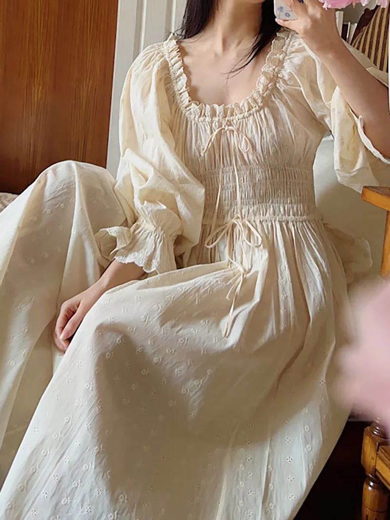 

Women's Korea Style Nightdress Half Sleeve Autumn Solid Ladies Embroidery Nightgown Vintage Fairy Night Dress for Female