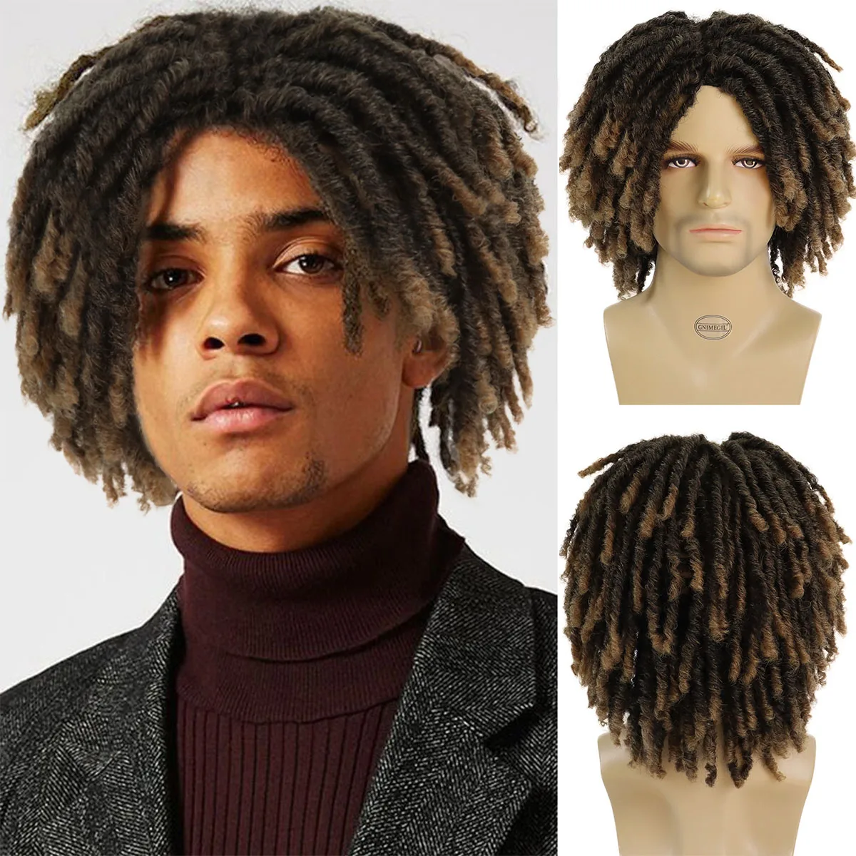 GNIMEGIL Synthetic Short Braided Wig for Black Man Afro Bob Ombre Brown Crochet Twist Hair Dreadlocks Wig Natural Layered Wig