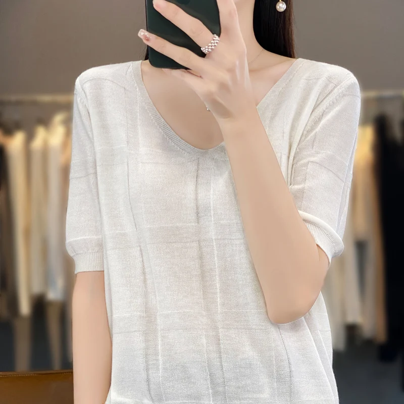 

Summer Woman's Tops Thin T-Shirt Short Sleeve V-Neck Sexy Tees Female Pullover Cool Comfortable Blouse Wool Mixed Knitted Tops