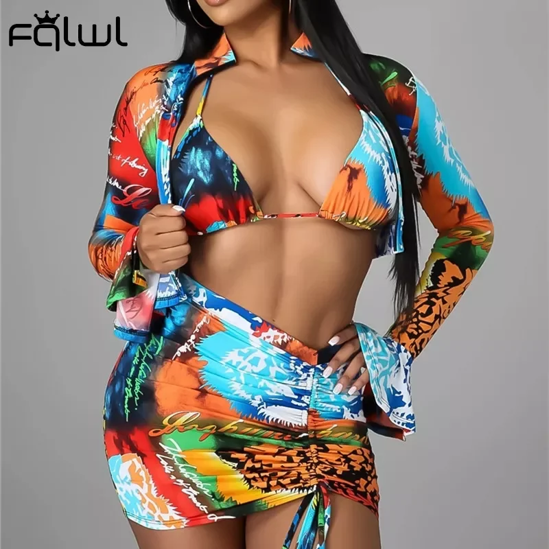 

FQLWL Summer Print Sexy 4 Four Two Piece Dress Sets Women Rave Vacation Outfits Crop Top Women 2021 Mini Skirts Matching Sets