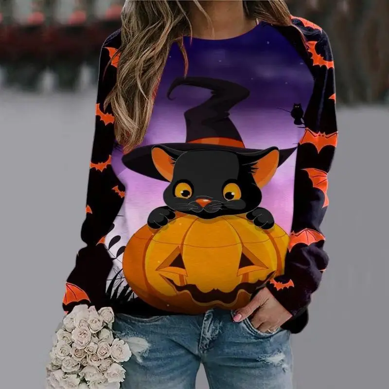 

2023 3D Digital Printing Evil Witch Dark Castle Horror PHalloween Cartoon Print Sweatshirt Long Sleeve Pullover Tops Women