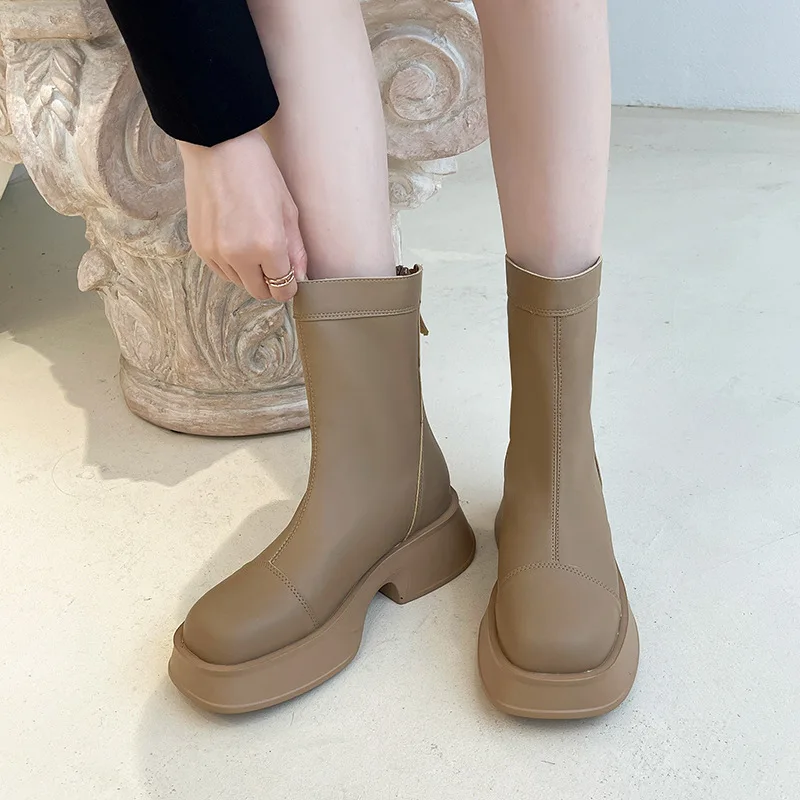 Zipper Shoes Fashion Boots Woman Boots-Women Round Toe Rock Punk 2022 Elegant Med Rubber Ladies Autumn Casual Retro Rome Basic