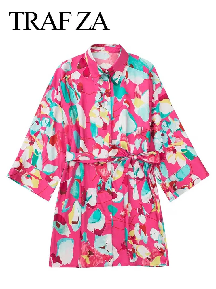 

TRAF ZA Printed Women Bright Mini Shirt Dress Lapel Single Breasted Belt Lace Up Bow Slim Fit Cropped Sleeve Flower Dress Summer