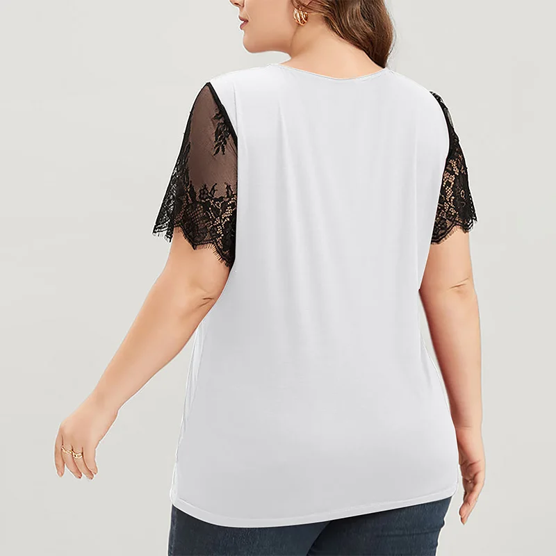 Lace Patchwork Solid T-Shirt Crew Neck Fashion Gradient Color Short Sleeve Hook Flower Hollow Pullover Plus Size Tops Women