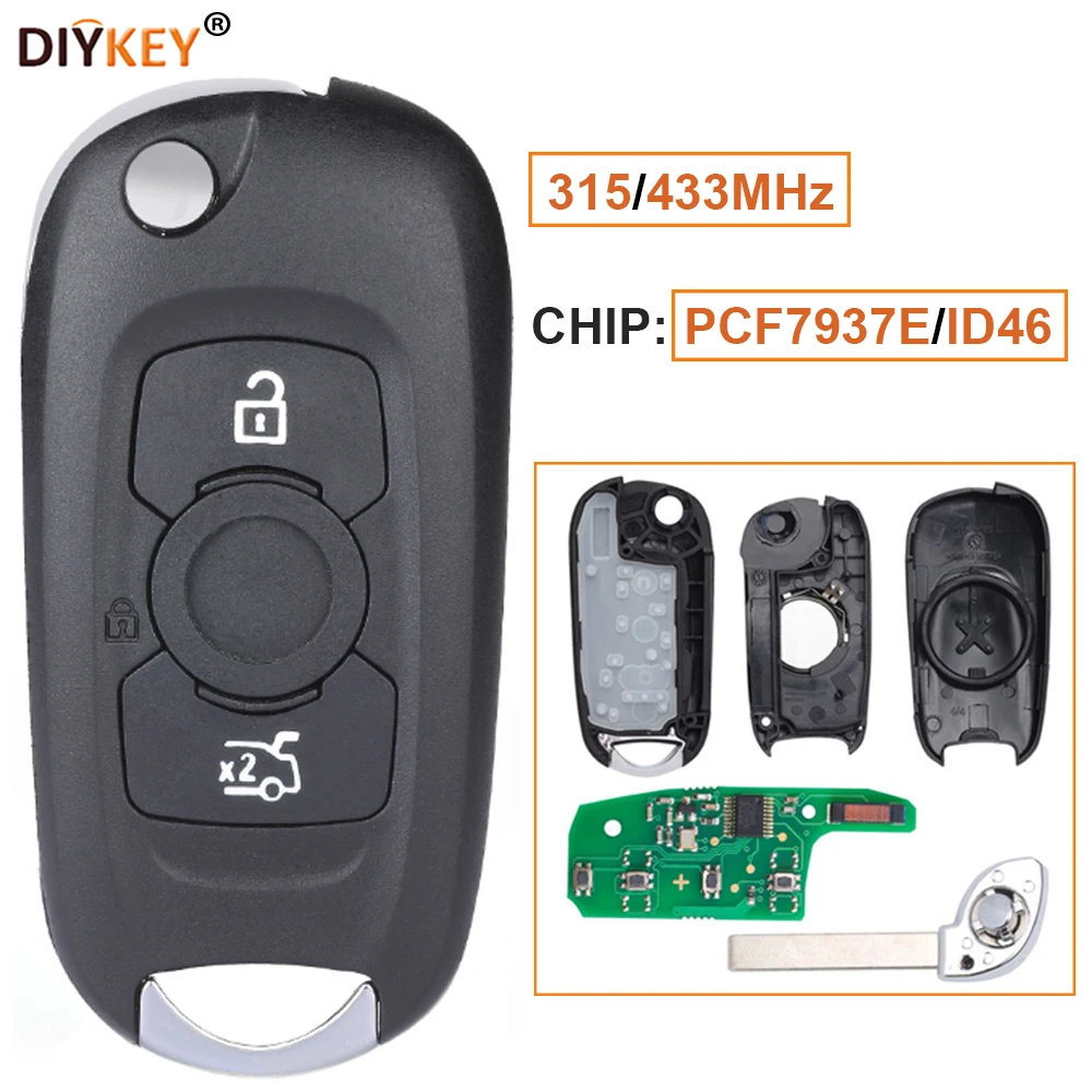 

DIYKEY 315/433MHz 3 Button Flip Remote Key Fob PCF7937E/ID46 Chip for Opel Vauxhall Astra K 2015 2016 2017 2018 2019