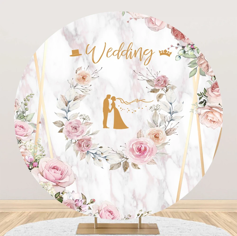 

Laeacco Wedding Party Round Photo Backgroud Marble Texture Floral Bride Shower Portrait Customized Portrait Photography Backdrop
