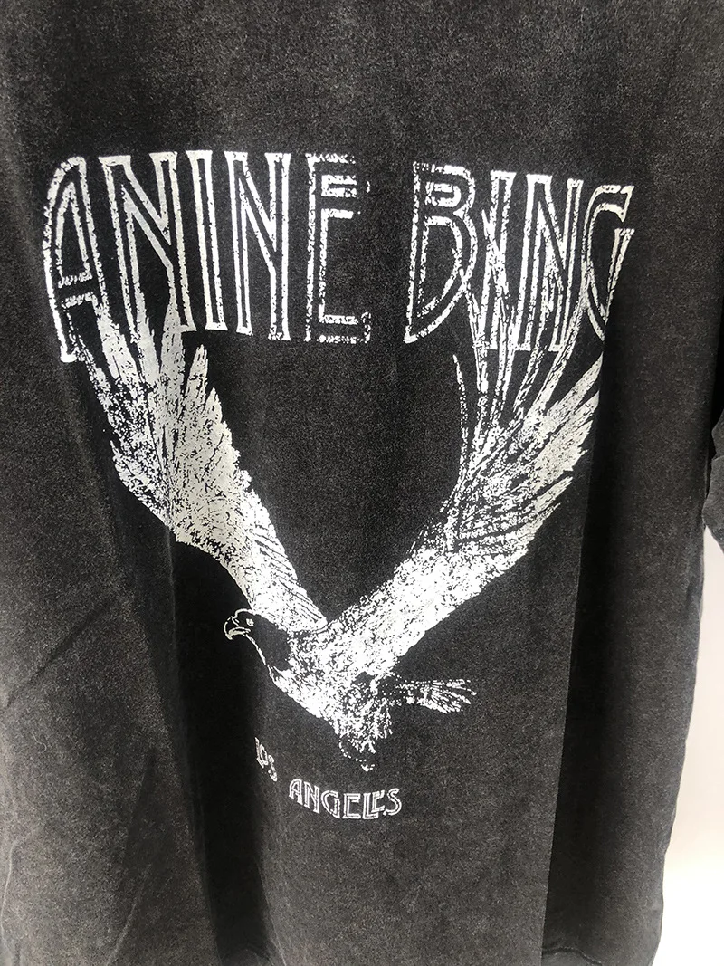 

New 2023 Women's Niche Eagle Print Snowflake Washed Black Short Sleeve T-Shirt