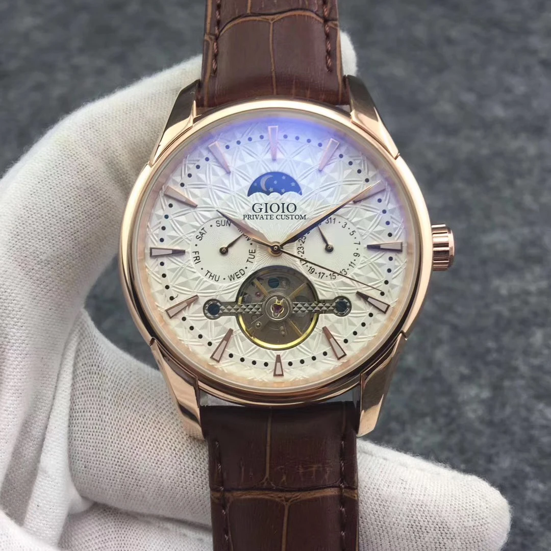 

Men Automatic Mechanical Watch Brown Leather Black Moon Phase Tourbillon