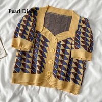 pearl diary women knitiing cardigan autumn lozenge single breasted fashion top women retro all match low neck short tops