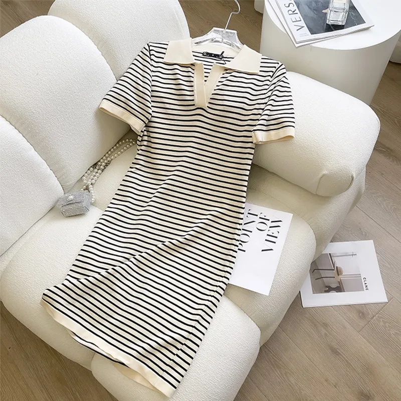 

Dress Summer Women's Fashion Casual Slim Fit Polo Collar Short-sleeved Midi Dress female Striped Straight T-shirt Dress