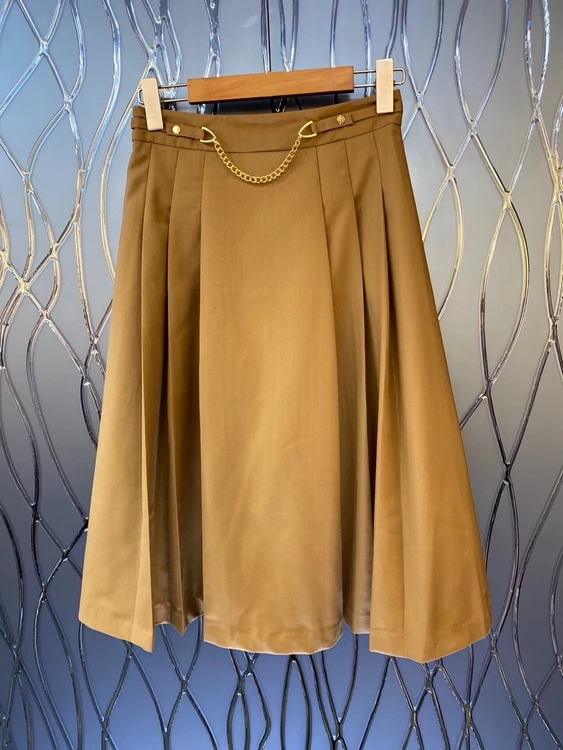 

2022 new women fashion A-line hem pleated chain preppy long skirt elegant all-match skirt 308