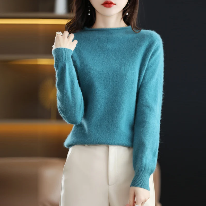 

Autumn and Winter New Women's Curled Collar Pullover 100% Mink Cashmere Sweater Fashion Korean Female Top