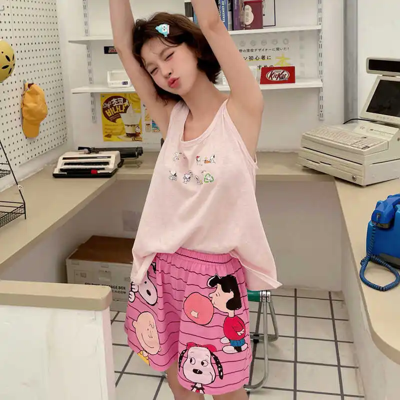 Женская летняя Пижама на бретельках из чистого хлопка