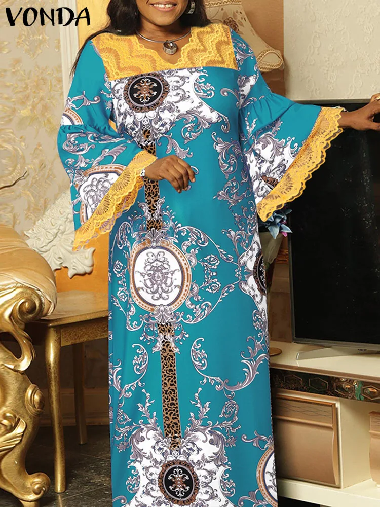 

Элегантный сарафан VONDA, женское кружевное лоскутное платье макси, богемное модное свободное платье с длинным расширяющимся книзу рукавом и V-образным вырезом