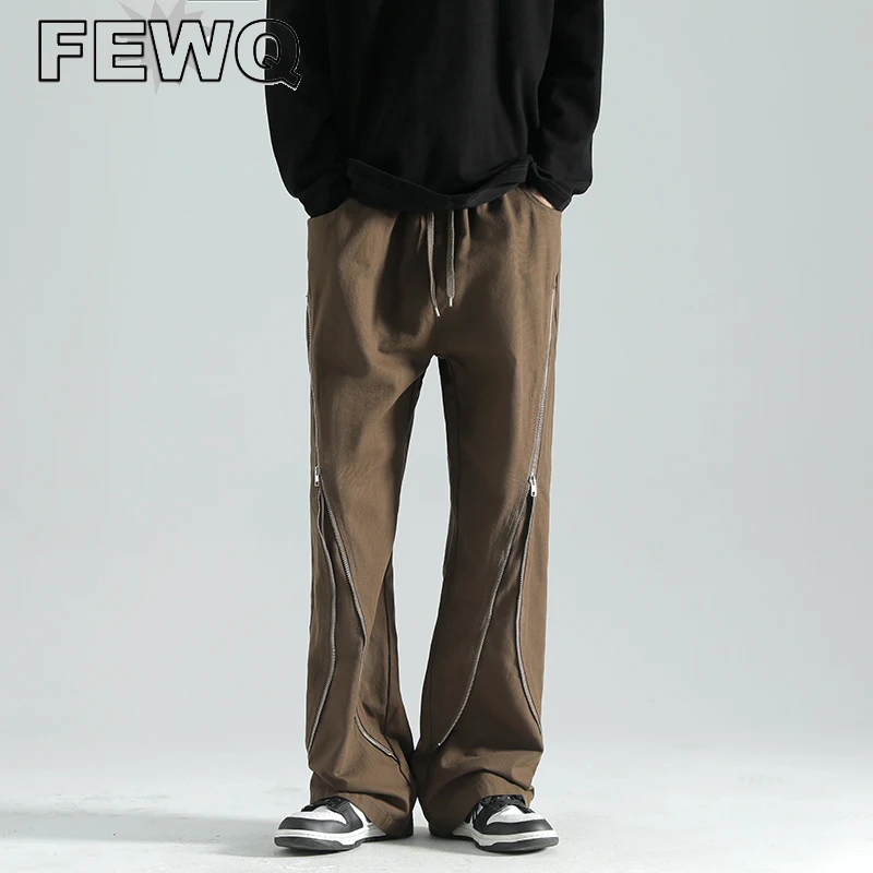 

FEWQ винтажные мужские брюки Y2k на молнии с разрезом повседневные мужские брюки в стиле Хай-стрит с широкими штанинами однотонные Весна 2023 стильные Новинка 24b22.5