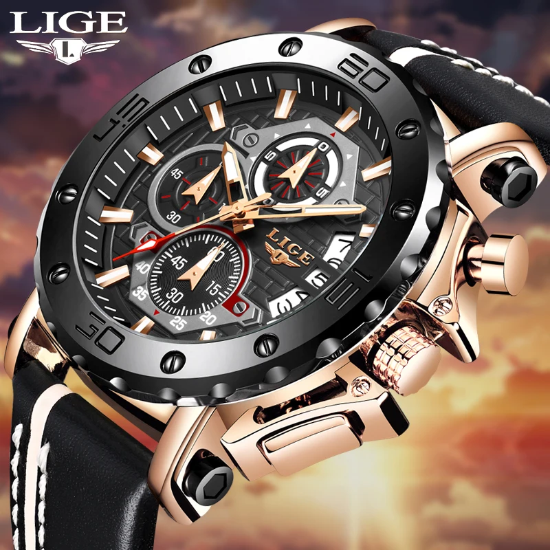 Фото LIGE 2022 новые бизнес Learther мужские часы Лидирующий бренд Роскошные Кварцевые для