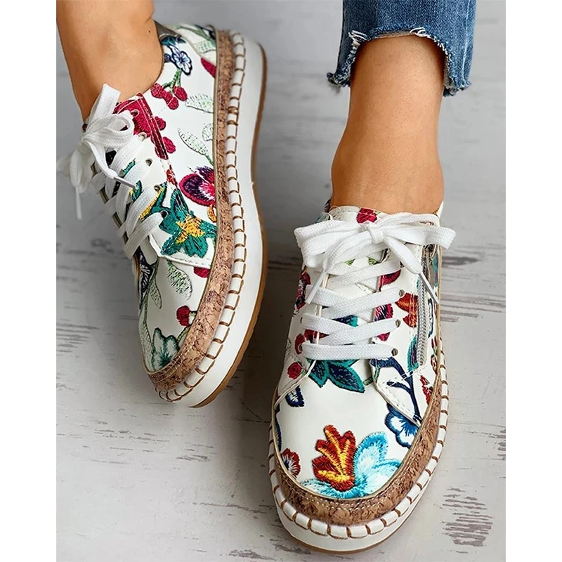

Summer Women Vulcanized Shoes Floral Printed Lace-Up Female Flat Shoes Fashion Ladies Casual Flower Skateboard Sneakers