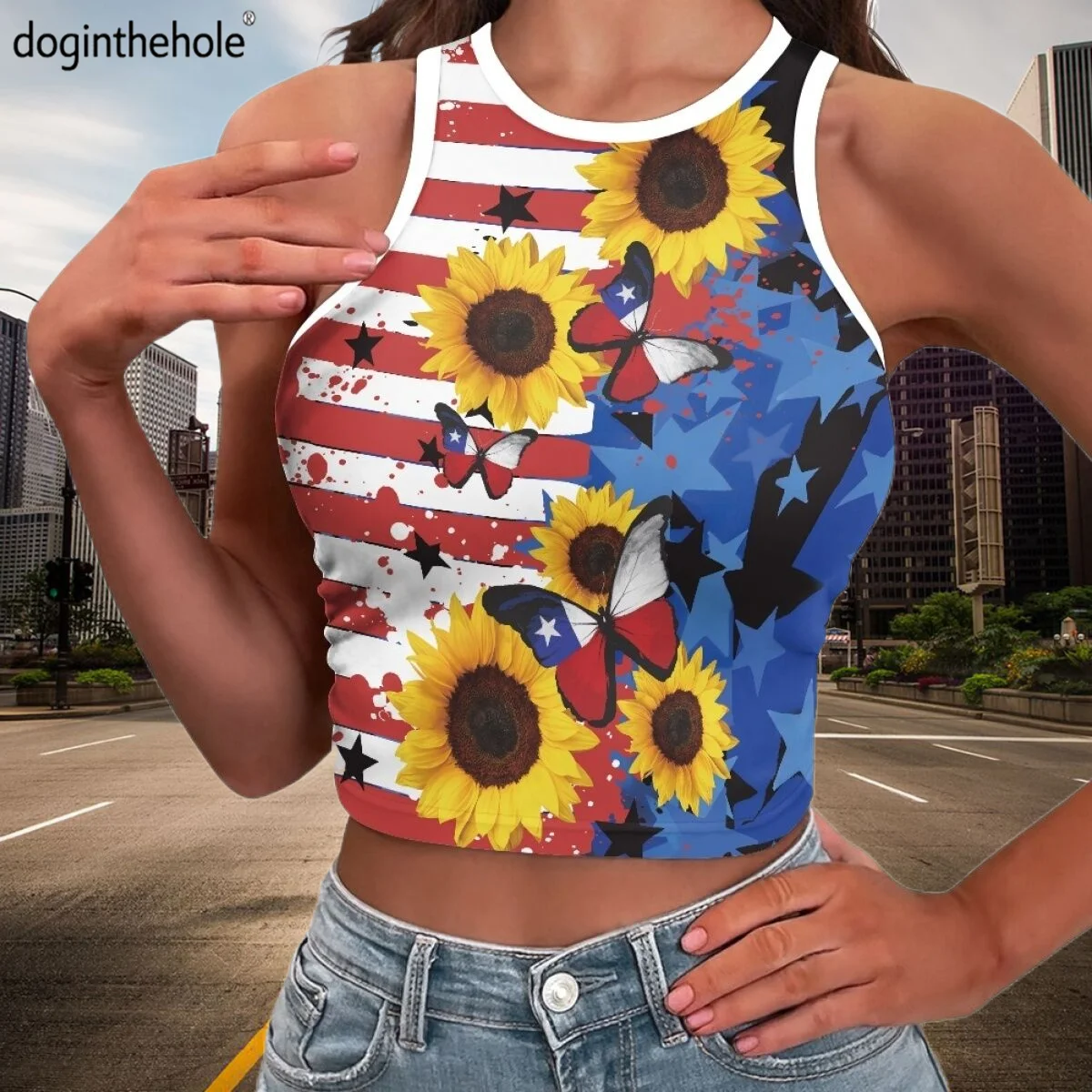 

American Flag Sunflower Design Sexy Tank Tops Halter Streetwear Vest Female Crop Top Comfort Short T-Shirt Independence Day Gift