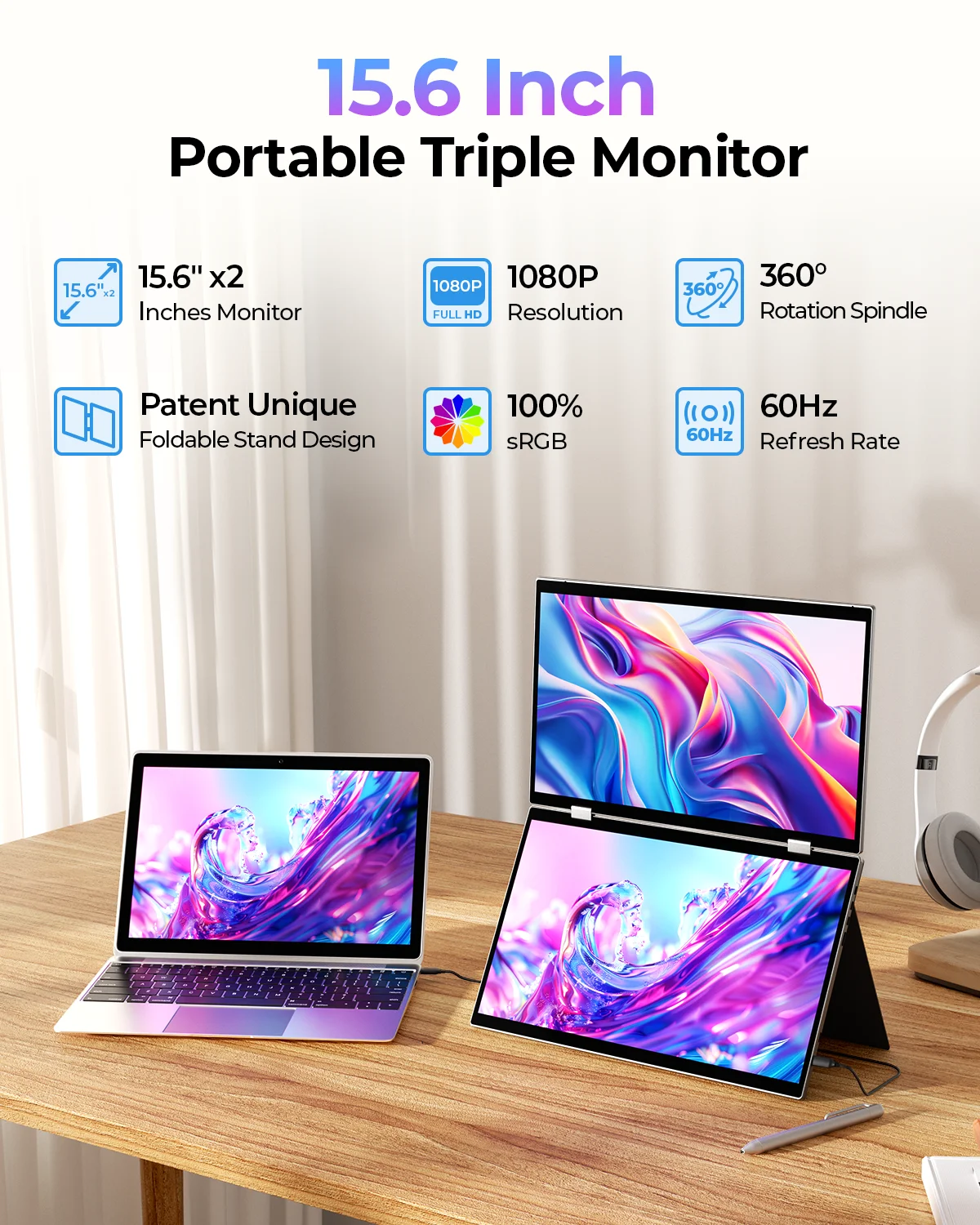 Фото Монитор с тройным экраном, портативный двойной 15,6-дюймовый 1080P FHD IPS сенсорный ЖК-мониторы 360° °   Поворотный монитор для ноутбука USB-C №2