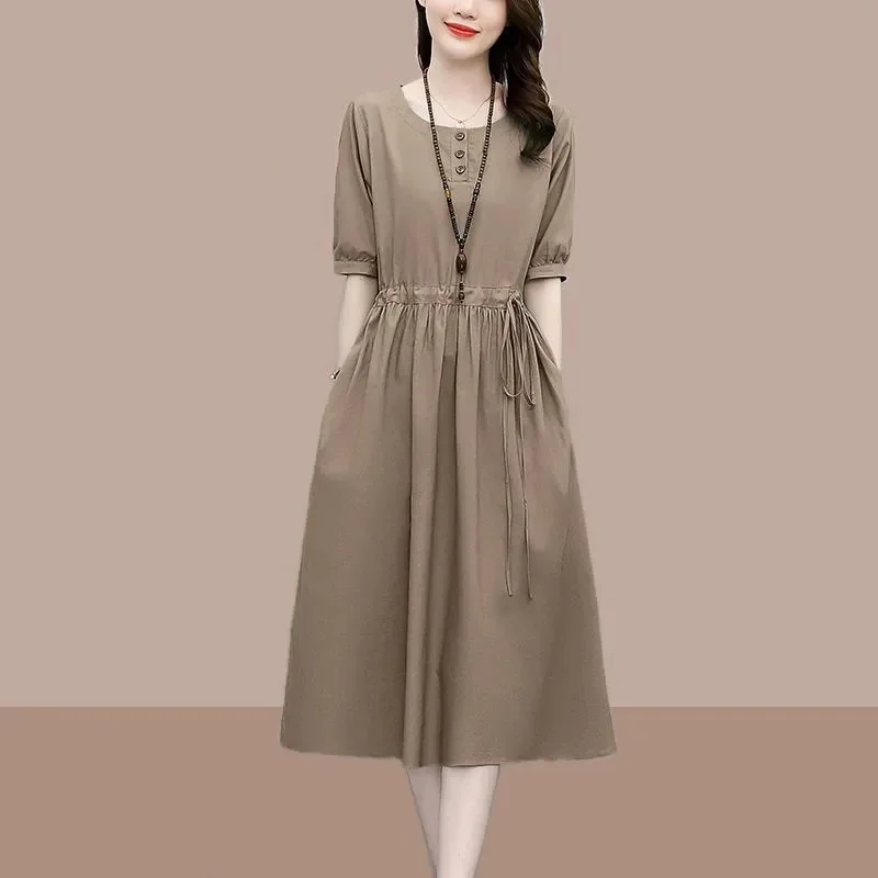 

Женское свободное платье средней длины, Элегантное повседневное однотонное платье из 2022 хлопка и льна на завязках с карманами в Корейском стиле на лето