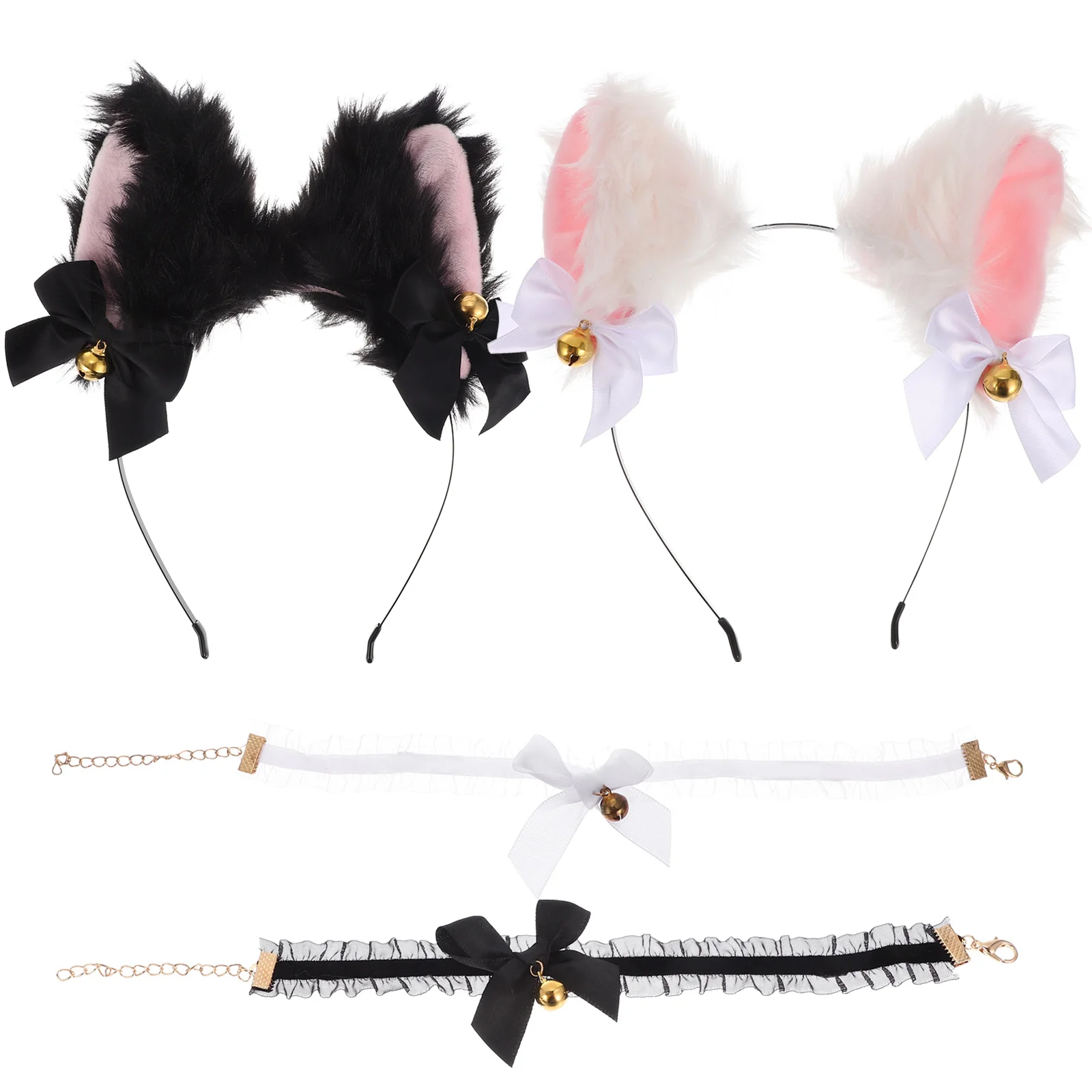 

4Pcs Cat Ears Headband Hairband Cat Lace Choker Necklace with Bell for Role Play