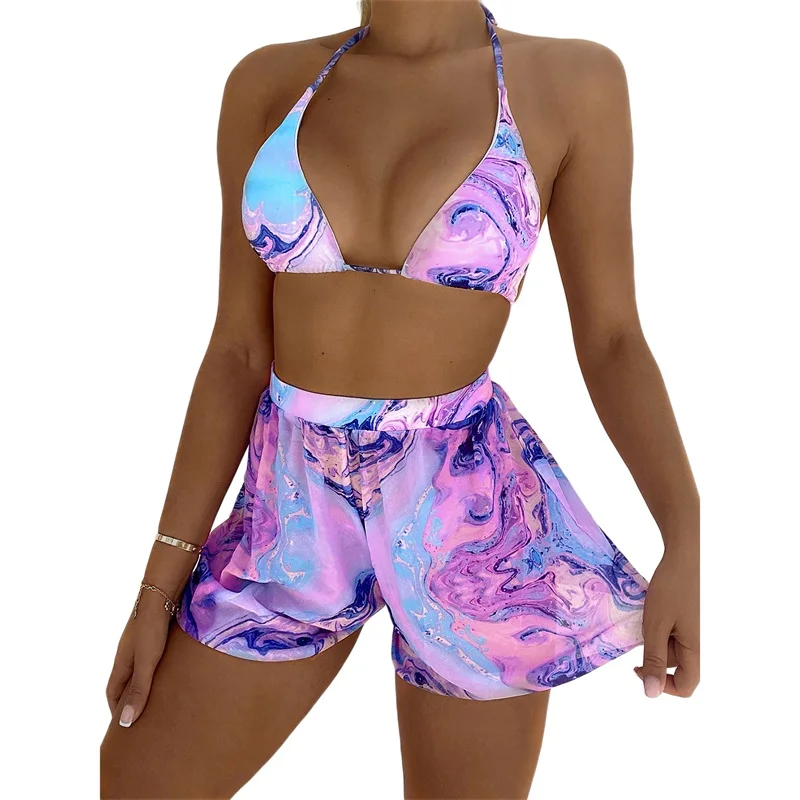 

3Pcs Women Summer Swimsuit Ladies Sexy Tie-Dye Halter Neck Padded Tops+Briefs+Bottom Shorts Bikini Set Swimwears