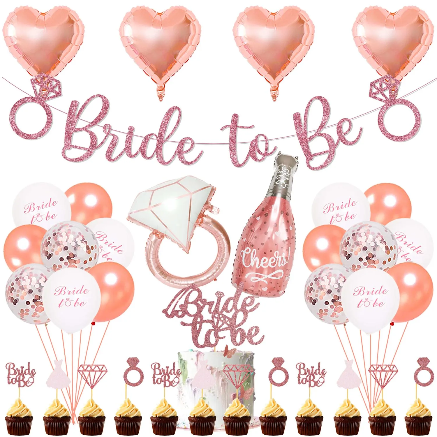 

Rose Gold Bachelorette Party Decor Bride To Be Glitter Banner Cake Toppers Diamond Ring Foil Balloon for Bridal Shower Supplies
