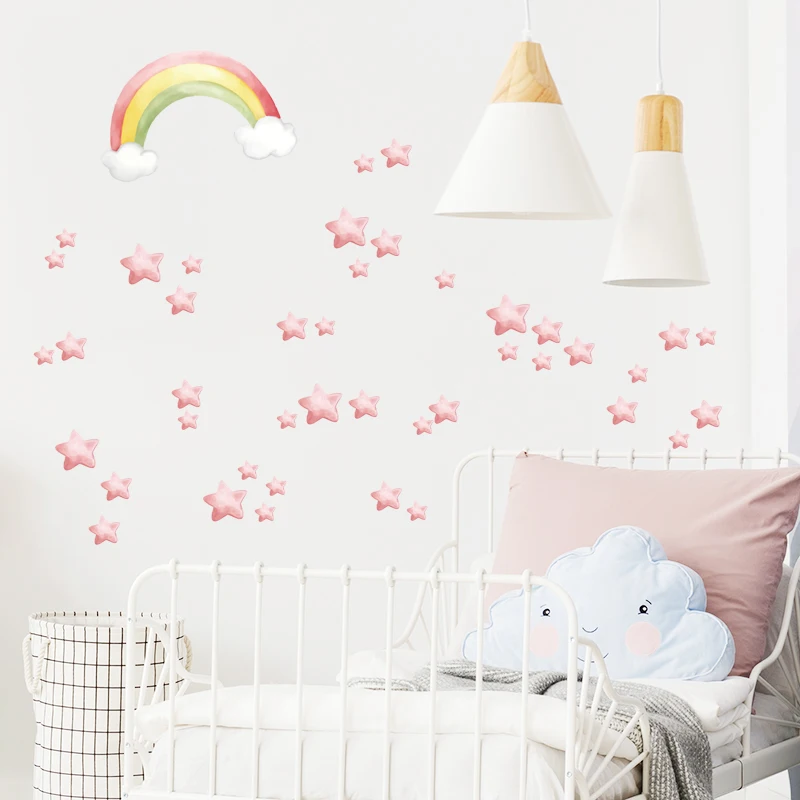 52pcs Rainbow and Stars Soft Pink Watercolor Wall Stickers Pattern Decals Baby Nursery Art Decorative Kids
