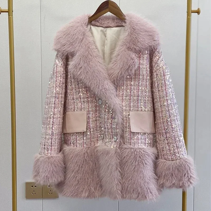 Fur Coat Women's 2022 Autumn Winter New Long Warm Thick Pink Fashion Shiny Loose Imitation Fur Plush Temperament Coats Female