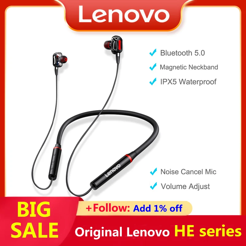 

Оригинальные наушники Lenovo HE05 HE05X HE06 HE08 HE05 Pro TWS с шейным ободом, спортивные беспроводные наушники Bluetooth, Hi-Fi стерео гарнитура с микрофоном