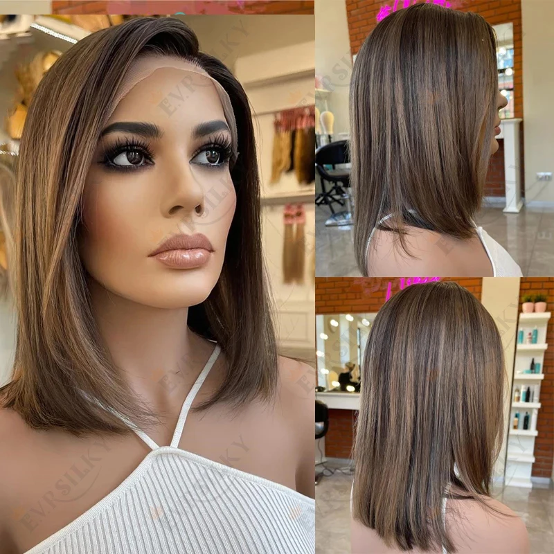 Short Bob Brown Highlights Natural Straight Human Hair Wig for Women Pre Plucked 13x6 Lace Front Wig 200 Density Brazilian Remy