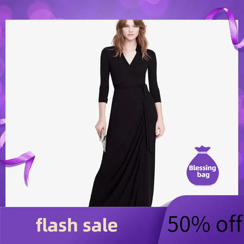 

Black V-neck split women's lace up sleeve evening medium length dress pendant