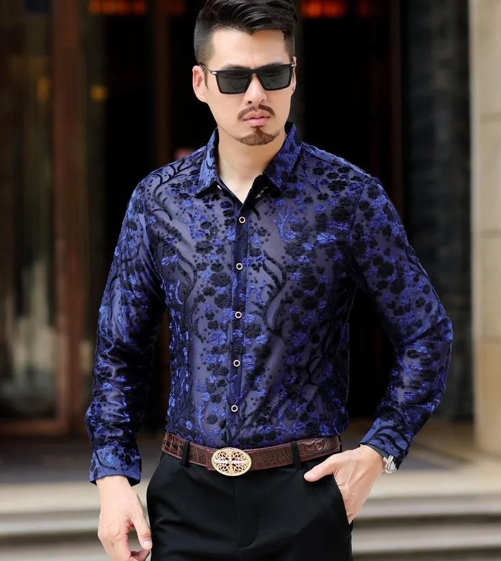 

High Quality Shirt Silk Mens Casual Lace Long Sleeve See Through Thin Vevlet Floral Soft Men Social Business Dress