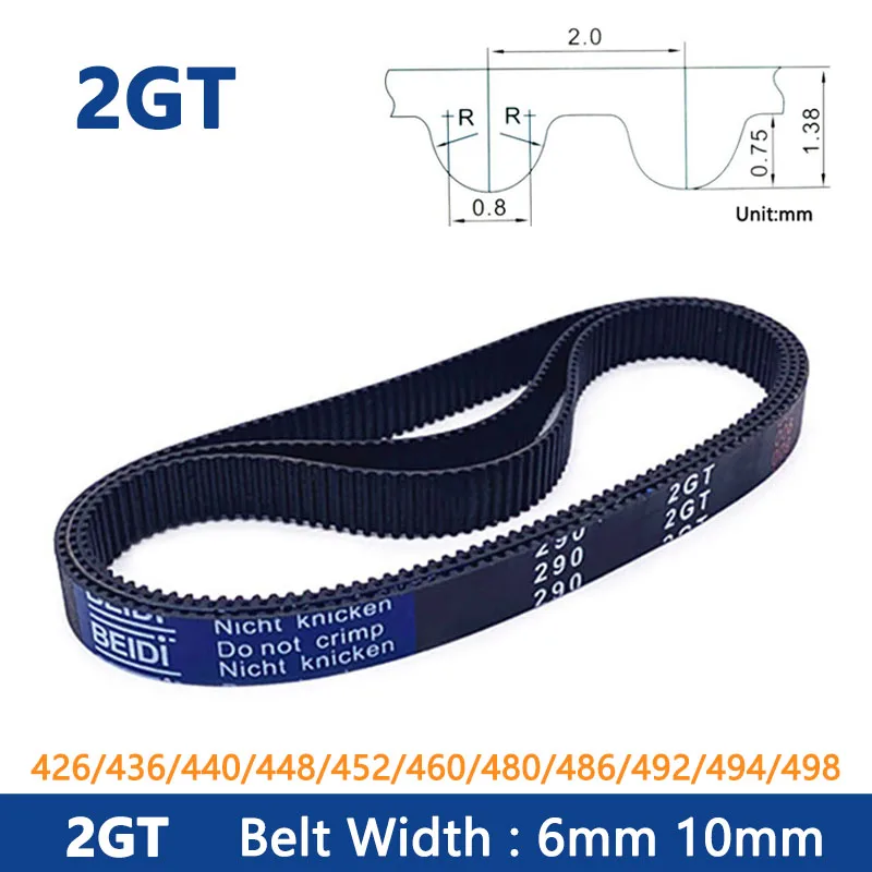 

1PCS 2GT GT2 Timing Belt 426/436/440/448/452/460/480/486/492/494/498 Width 6/10mm Rubber Closed Loop Synchronous Belt Pitch 2mm