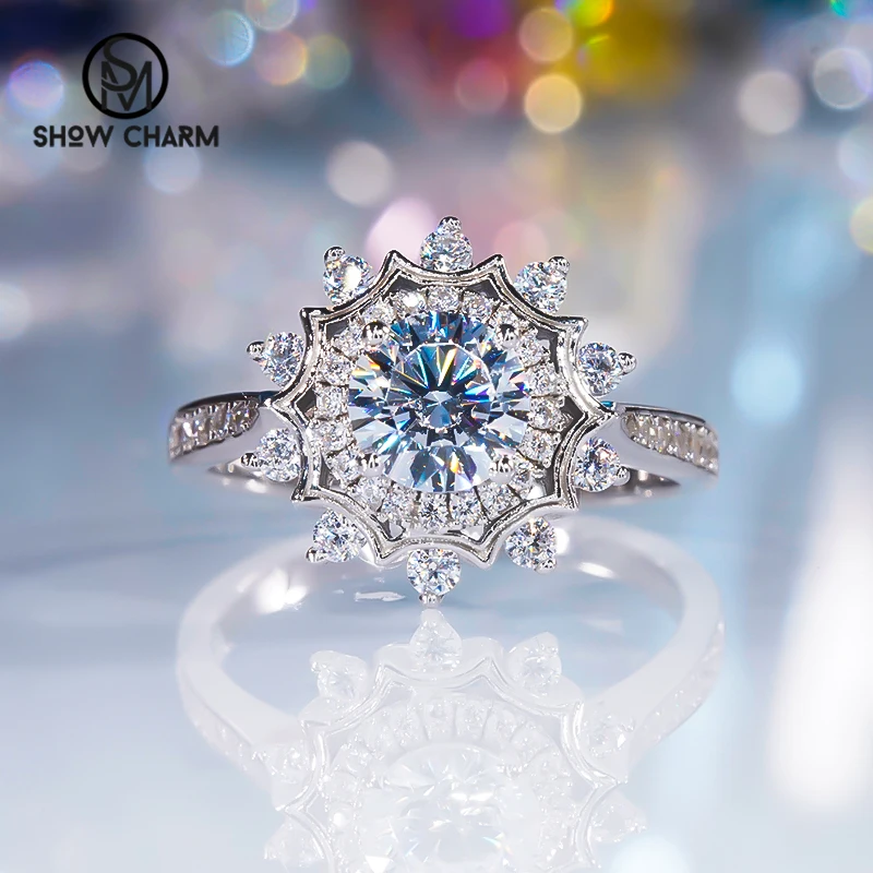 

S925 Sterling Silver Zircon Snowflake Ring Female European And American Style Sparkling Light Luxury Ring