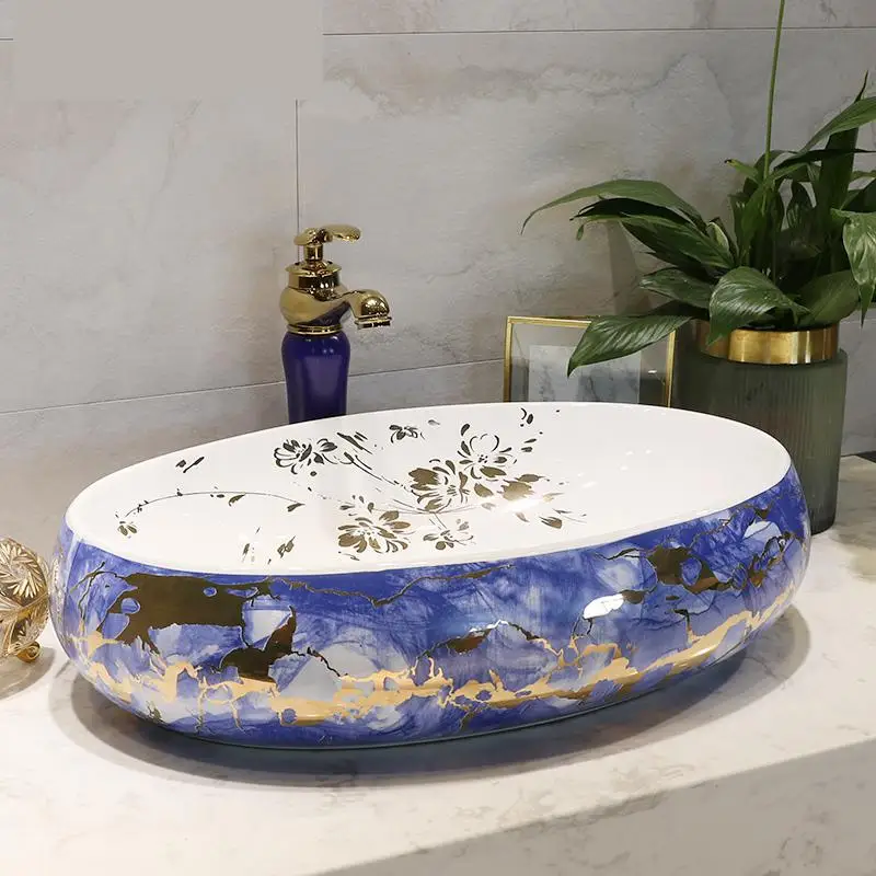 

Europe Vintage Style Ceramic Art Basin Sinks Counter Top Wash Basin Bathroom oval porcelain ceramic wash basin bathroom sink
