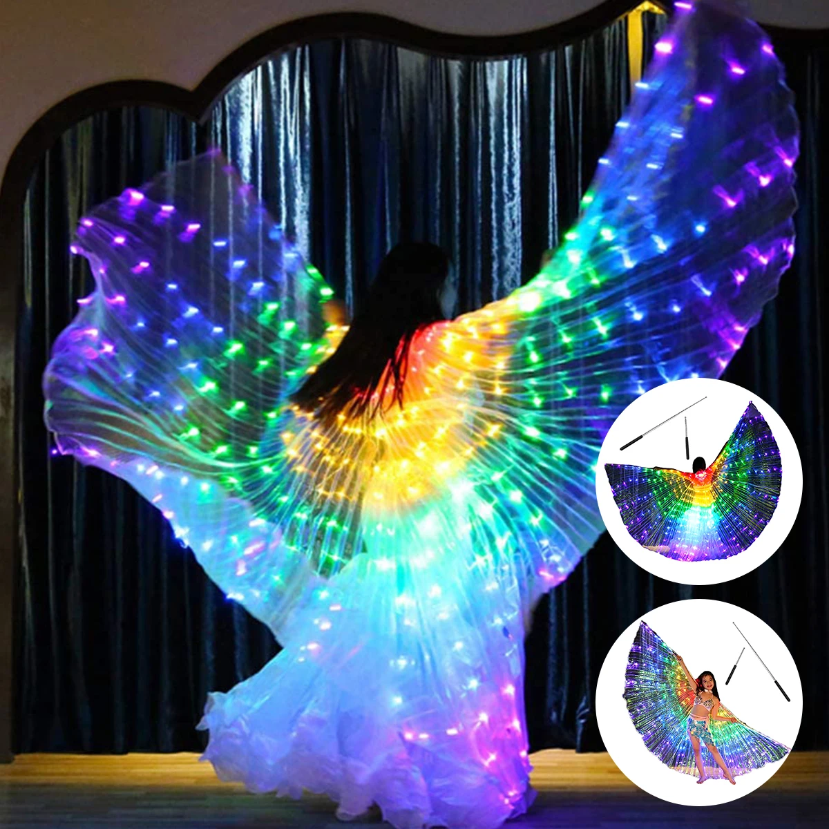 

LED Butterfly Wings Colorful Isis Wings Belly Dance Wings with Telescopic Sticks Glowing Light for Costume Performance Party