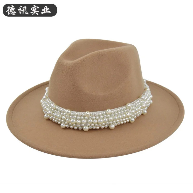 

Amazon New Woolen Hat Full Of Pearls Fedora Hat Vintage Black Wool Fedora Hat Flat Brim Broad-Brimmed Hat