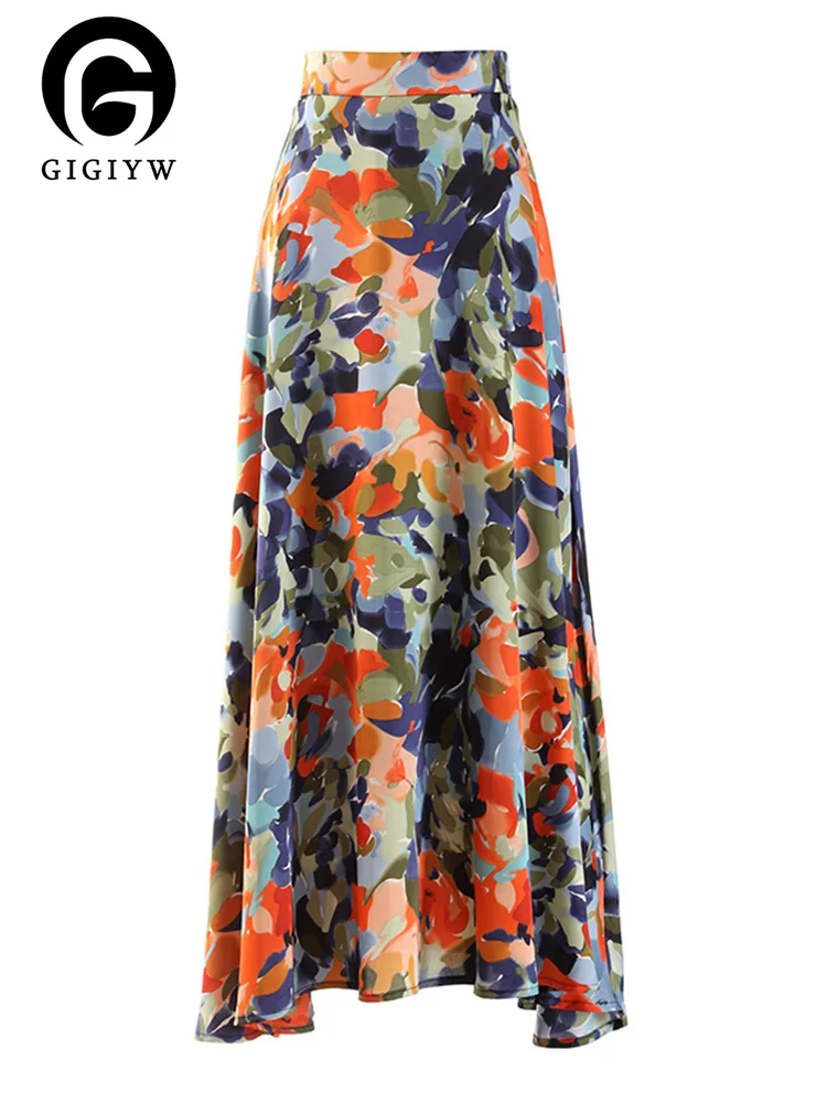 

GIGIYW High Waist Colorful Pattern Printed Irregular Long A-line Half-body Skirt Women Fashion New Spring Autumn 2023