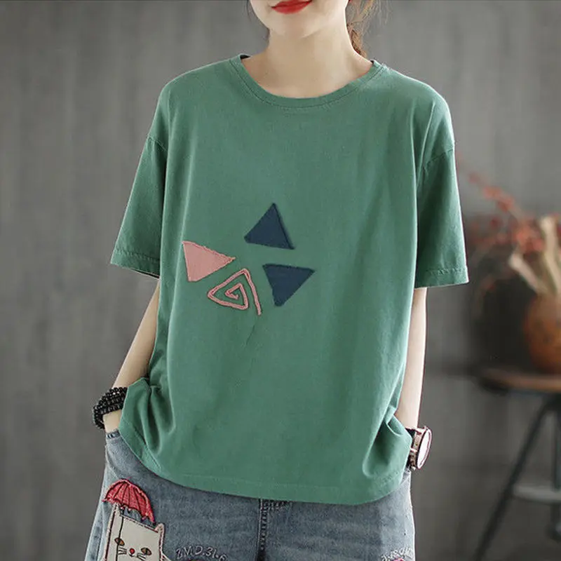 

Cotton Retro Loose Short-sleeved T-shirt Women's Summer New Casual Large Size Patch All-match Round Neck Top Graphic Tee