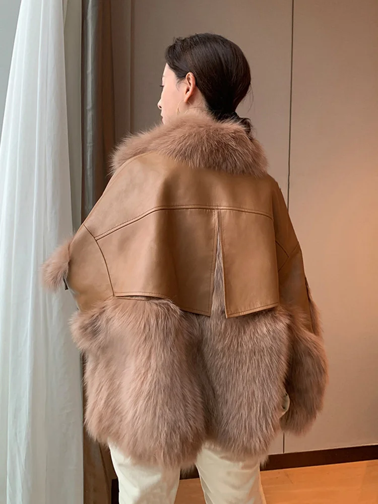 New Women Real Fur Coat Autumn Winter Fashion Thicken Fox Fur Patchwork Sheepskin Down Cotton Liner Fur Jacket Loose Outerwear