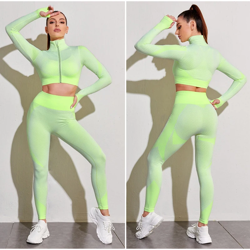 

Seamless Yoga Set Women Fitness Long Sleeve Crop Top High Waist Leggings Sports Bra Workout Clothing Sportswear 2/3PCS Gym Suits