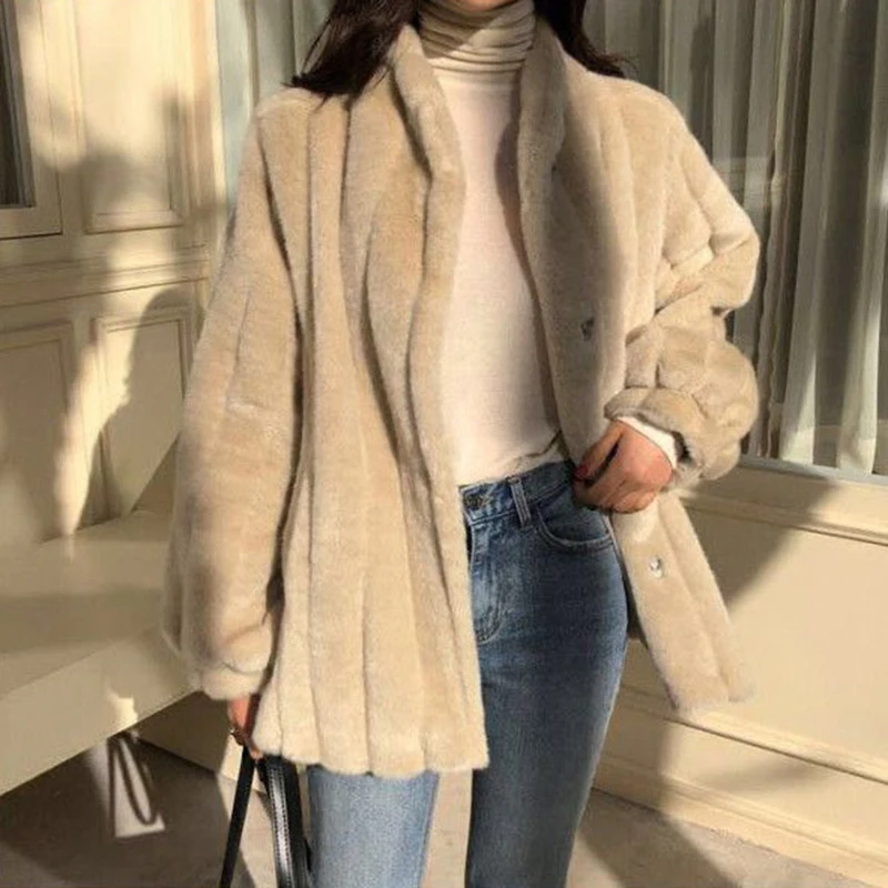 Korean Fashion Winter Warm Plush Jackets Women Faux Fur Single-breasted Outwear Female Loose Fleece Coat