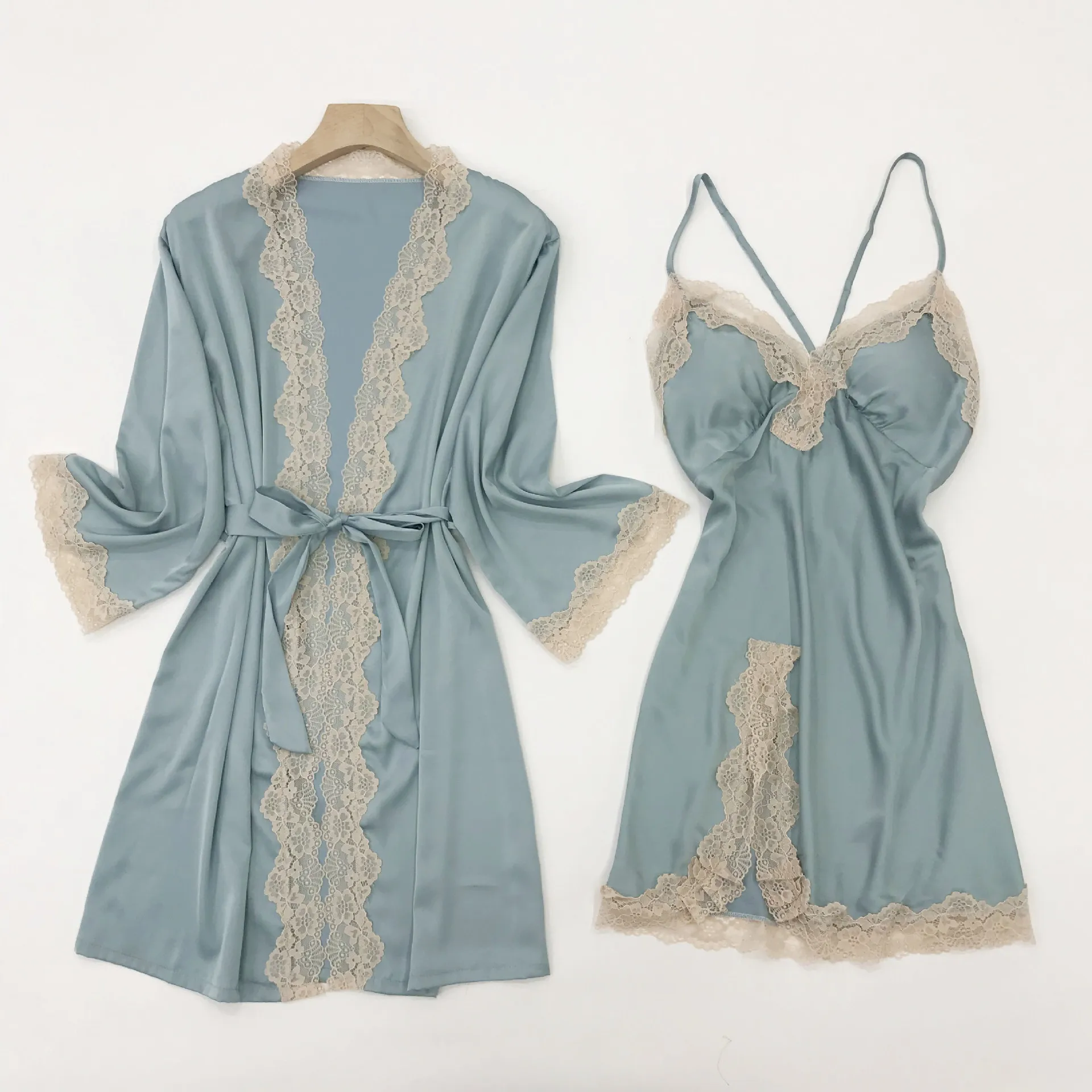 Lace Kimono Robe Gown Suit With Strap Nightgown Female Sleepwear Summer Bathrobe Sexy Satin Lingerie Suspender Nightdress