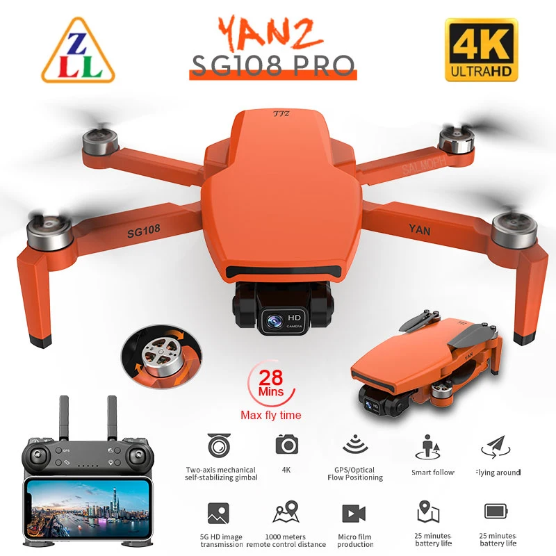 ZLRC SG108 Pro GPS Дрон с 5G Wi-Fi 2-осевым подвесом 4K HD Двойная камера Бесщеточный оптический