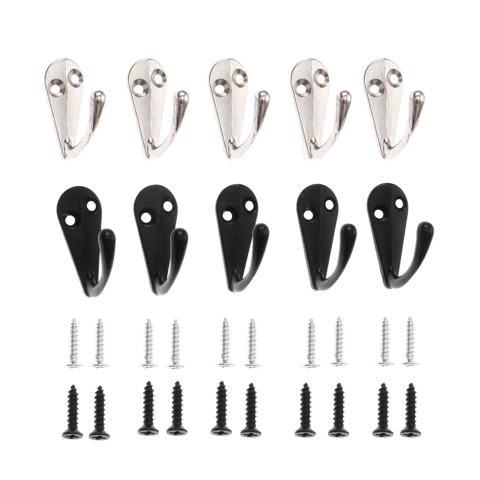 5pcs Hooks Wall Mounted Hanger w/screws Black/Silver Zinc Alloy Coat/Key/Bag/Towel/Hat Home Door Decor Bathroom Kitchen 33x14mm