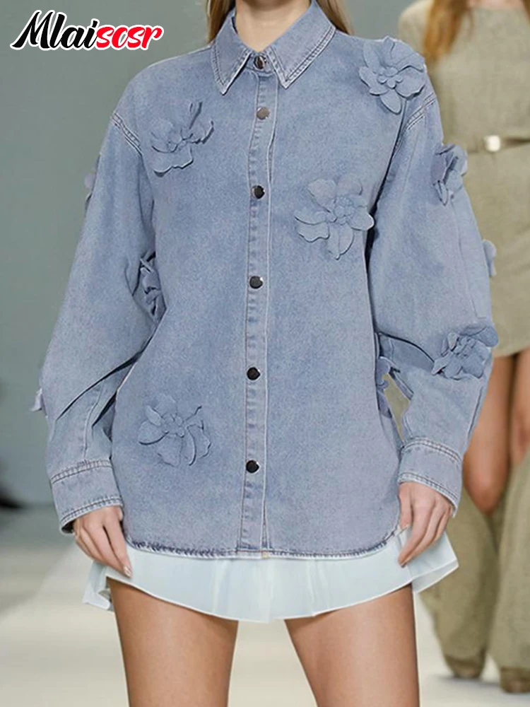Женская джинсовая куртка Mlaiscsr голубая рубашка с длинными рукавами и лацканами 3D