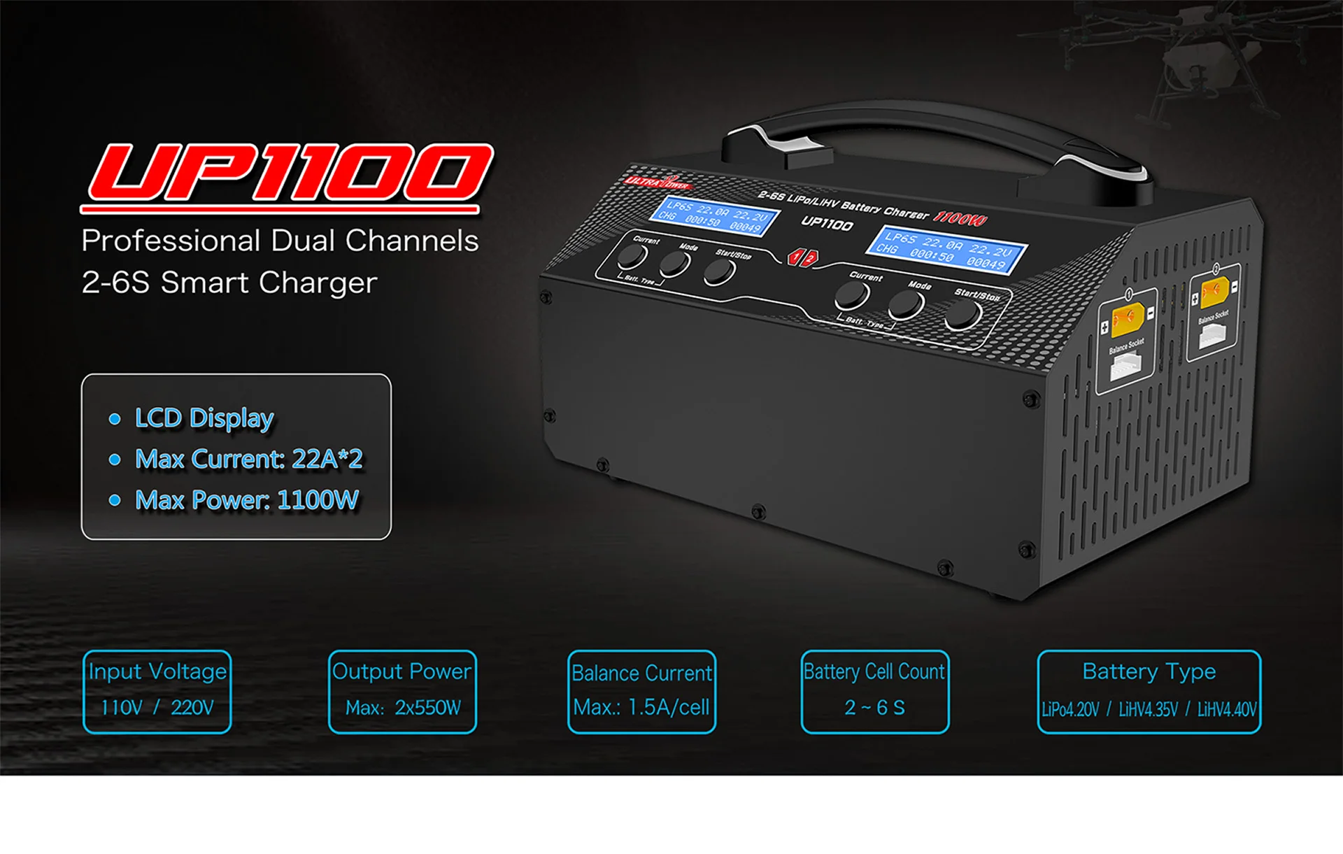Фото ULTRAPOWER UP1100 Двухканальное интеллектуальное зарядное устройство с множественной защитой, регулируемая, 1100 Вт, 22 А, радиоуправляемая модель, аккумулятор 26S №1